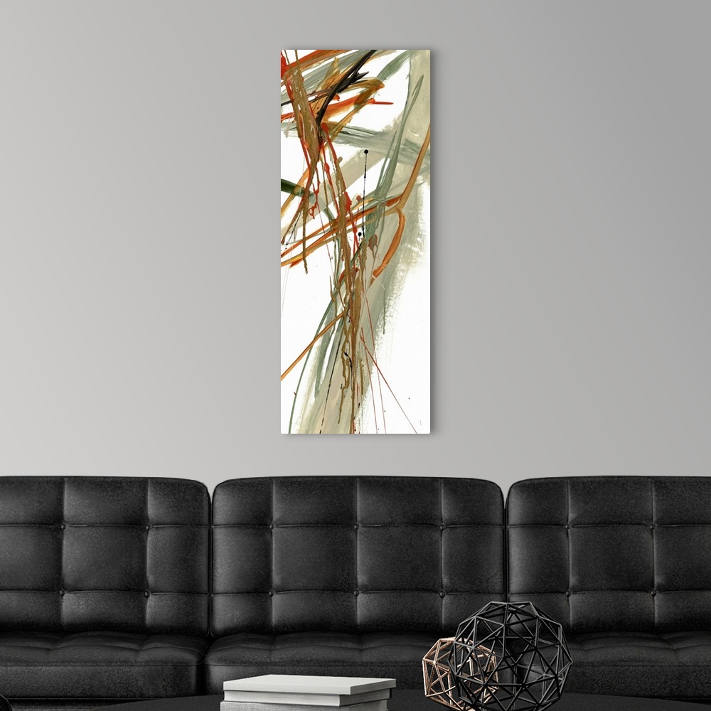 A modern room featuring A contemporary abstract painting using earthy tones and aggressive slash strokes.