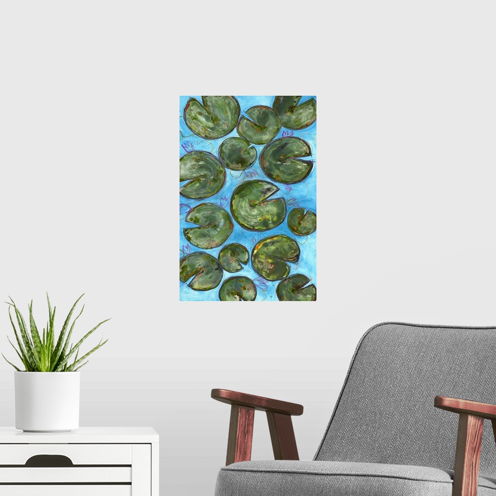 A modern room featuring Large painting of lily pads on a blue background with thin pink, purple, orange, and yellow layer...