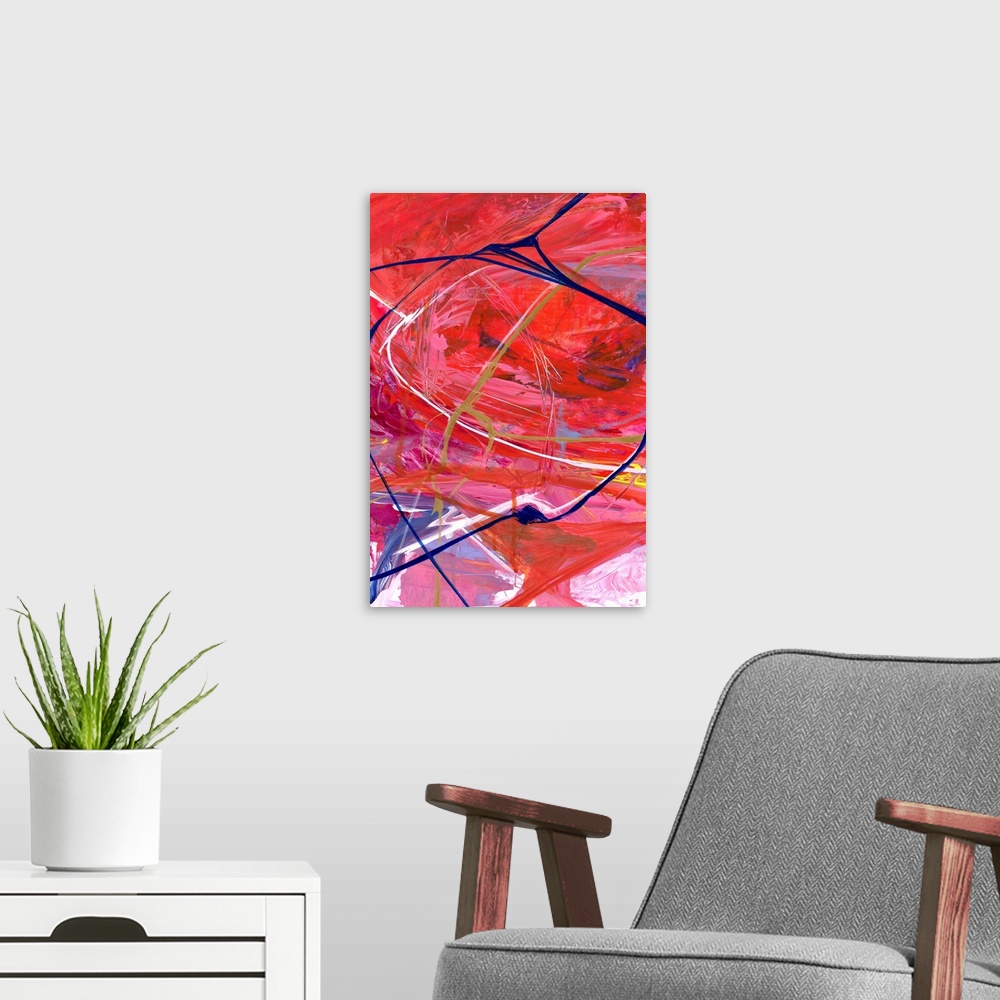 A modern room featuring Contemporary abstract artwork in bright red tones with streaks of navy and white.