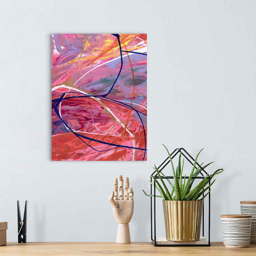 A bohemian room featuring A contemporary abstract painting a fiery environment created from swirling red and purple tones.