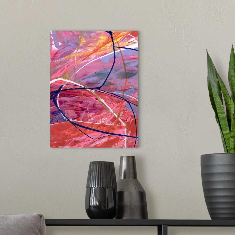 A modern room featuring A contemporary abstract painting a fiery environment created from swirling red and purple tones.
