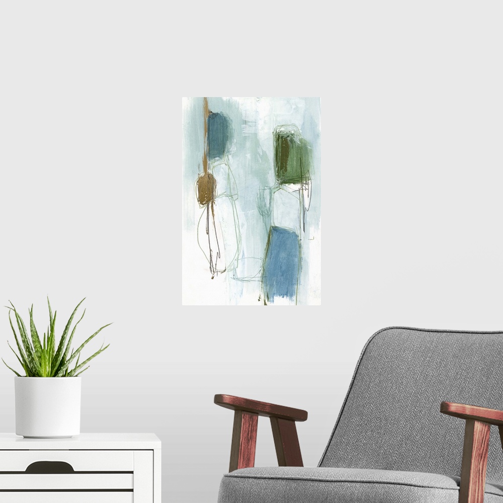A modern room featuring A contemporary abstract painting of globular shapes in muted against a pale blue background.