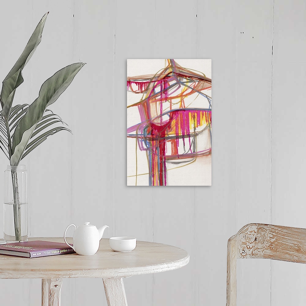 A farmhouse room featuring A contemporary abstract painting using vibrant pink and yellow tones against an off-white backgro...