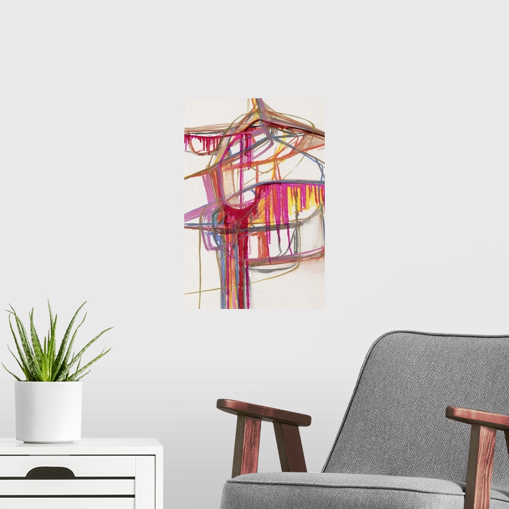 A modern room featuring A contemporary abstract painting using vibrant pink and yellow tones against an off-white backgro...