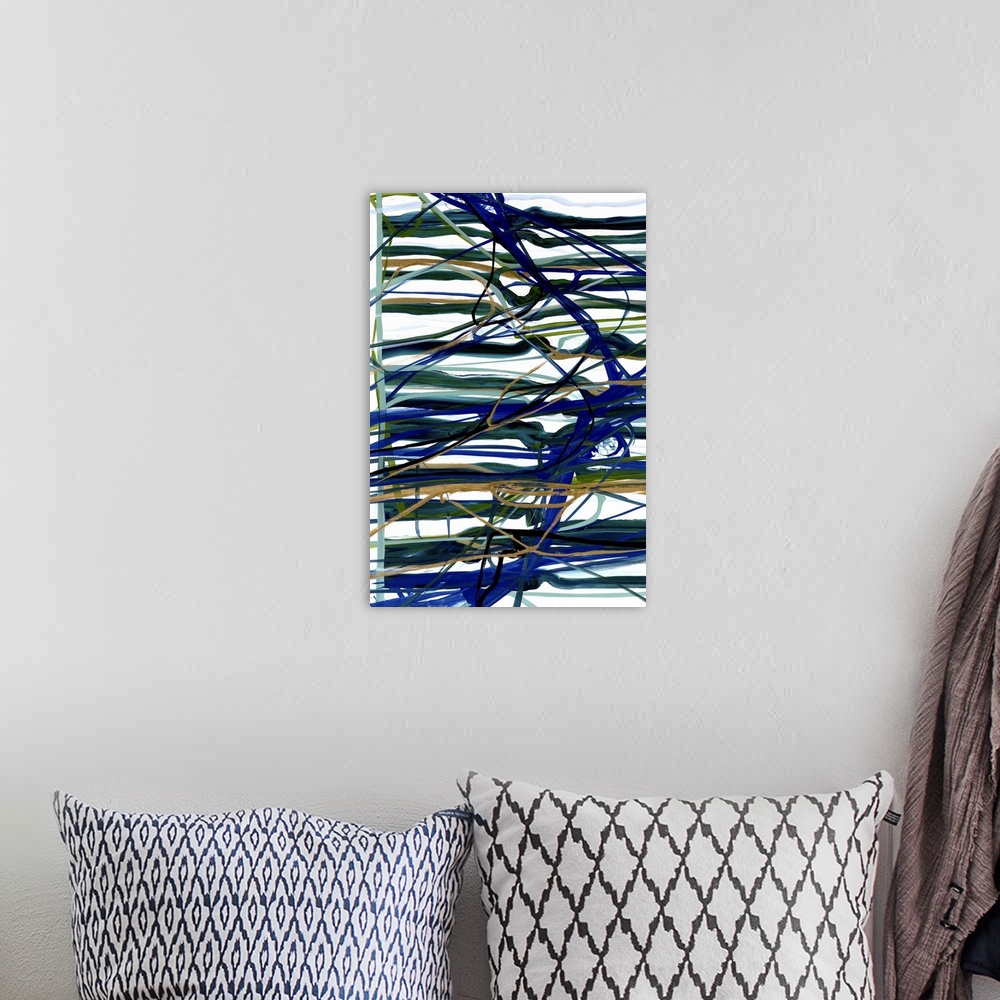 A bohemian room featuring A contemporary abstract painting using dark blue tones in splattered and horizontal stroke patterns.
