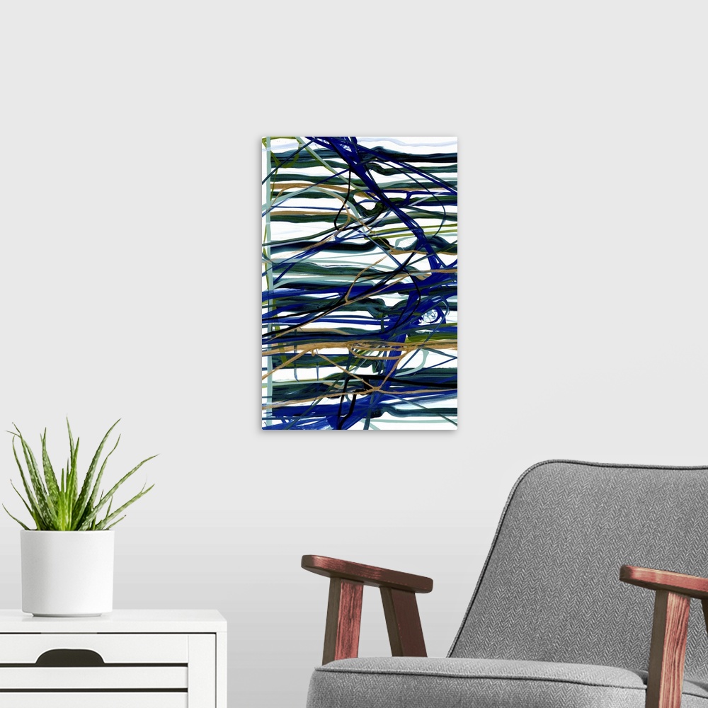 A modern room featuring A contemporary abstract painting using dark blue tones in splattered and horizontal stroke patterns.