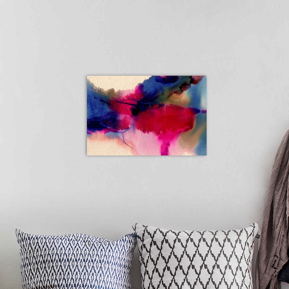 A bohemian room featuring Contemporary abstract painting in dark blue and magenta tones that appear to seep through the image.