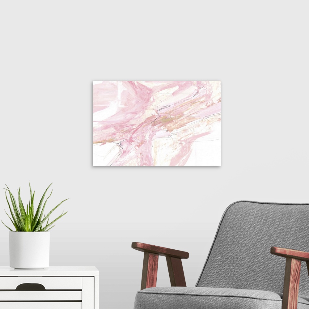 A modern room featuring A contemporary abstract painting using soft pale pink, tones and stone-lie textural patterns.