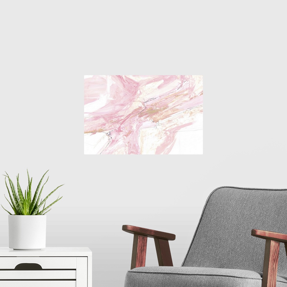 A modern room featuring A contemporary abstract painting using soft pale pink, tones and stone-lie textural patterns.