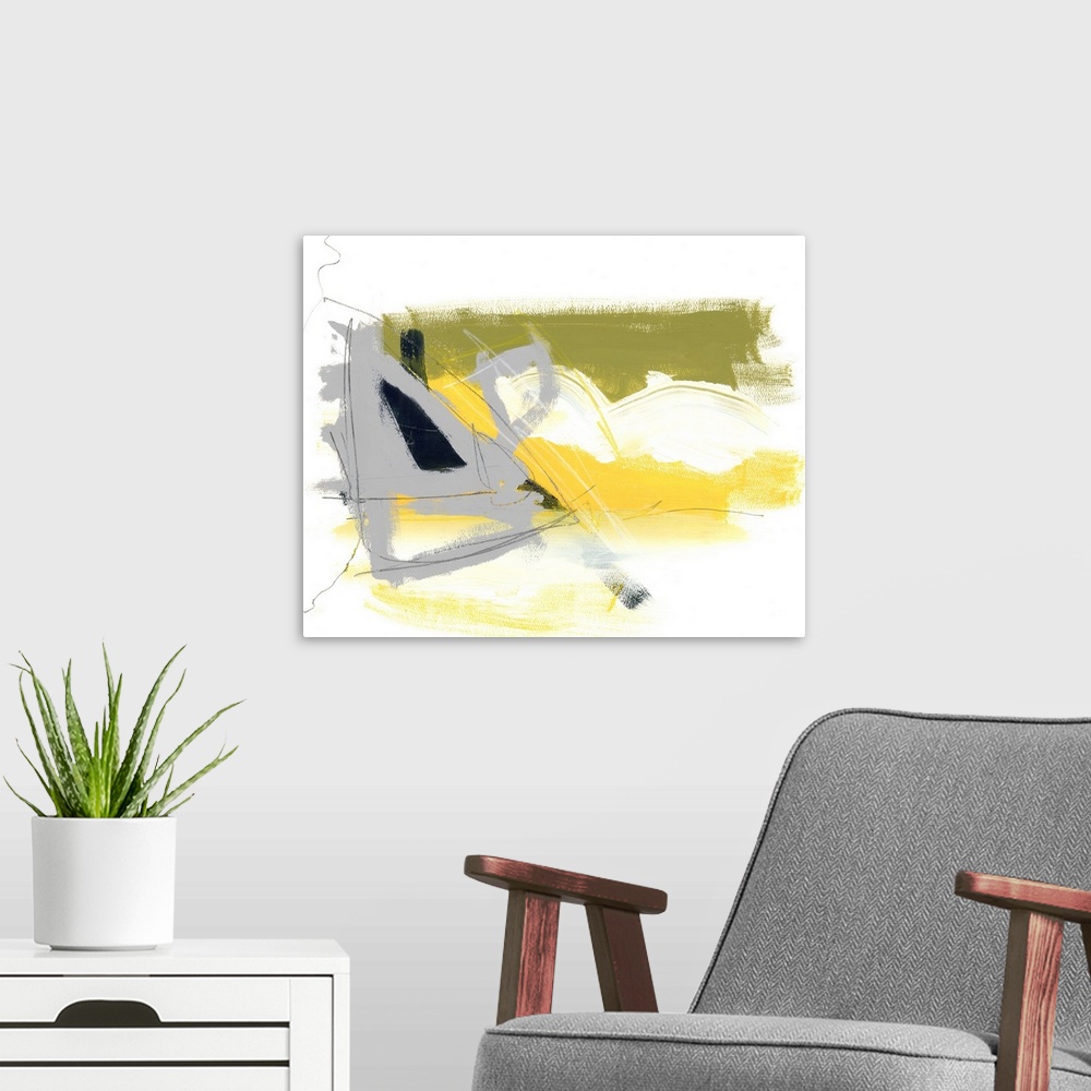 A modern room featuring A contemporary abstract painting using muted tones of green, yellow and gray clustered against an...