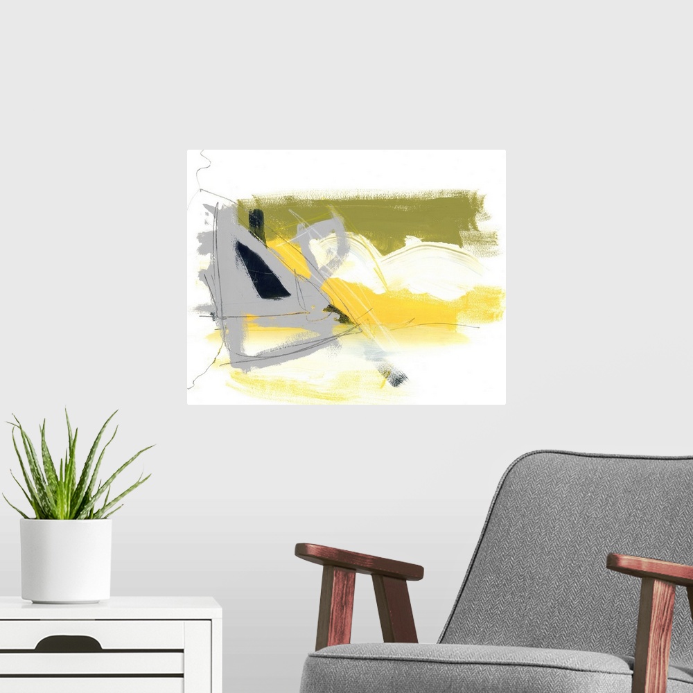 A modern room featuring A contemporary abstract painting using muted tones of green, yellow and gray clustered against an...