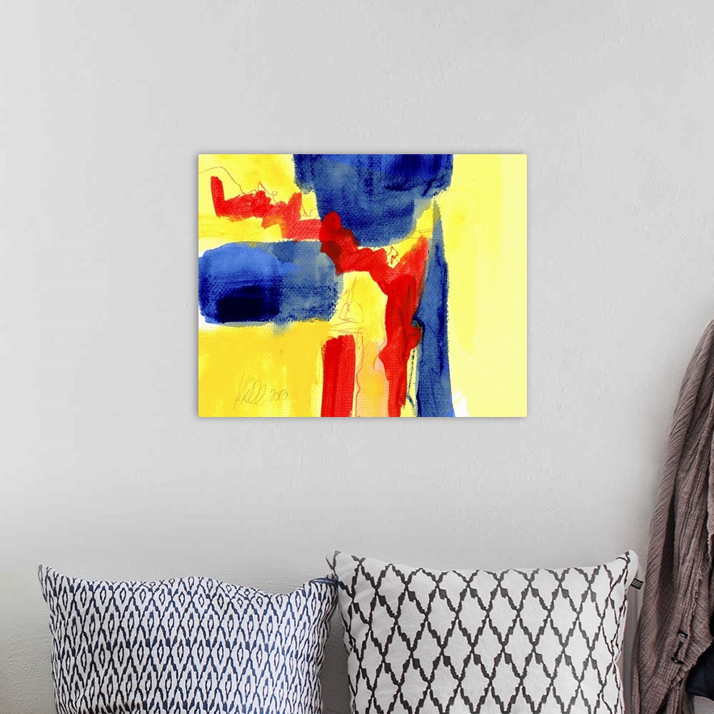 A bohemian room featuring Contemporary abstract painting in bright primary colors with bold shapes.