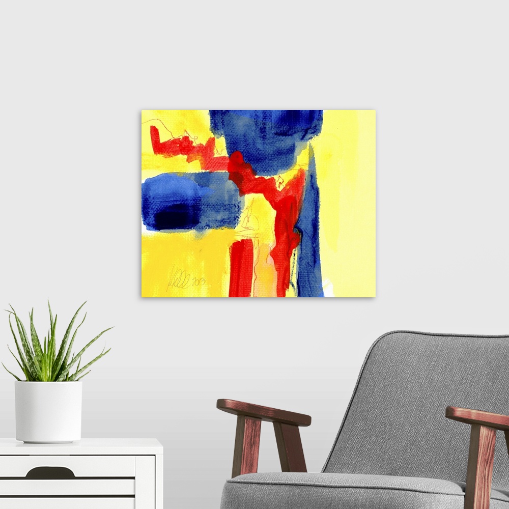 A modern room featuring Contemporary abstract painting in bright primary colors with bold shapes.