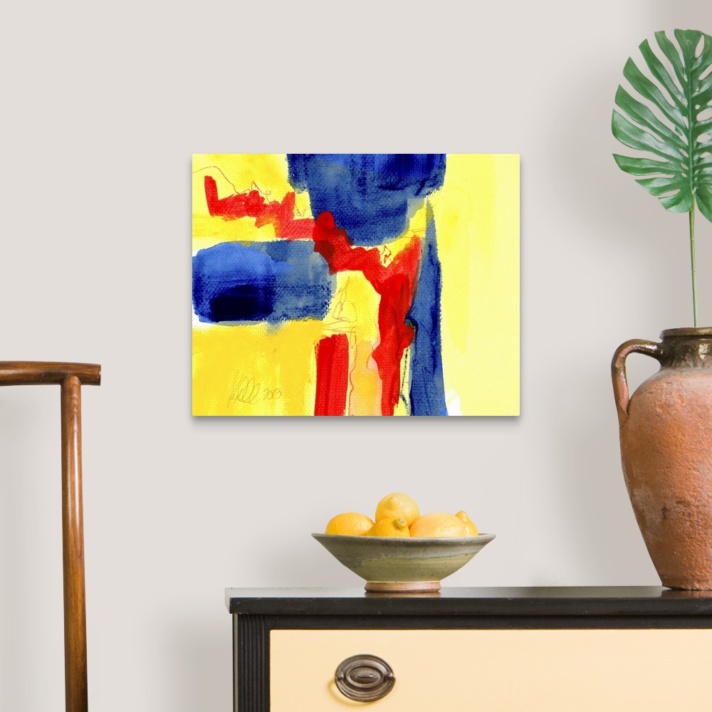 A traditional room featuring Contemporary abstract painting in bright primary colors with bold shapes.