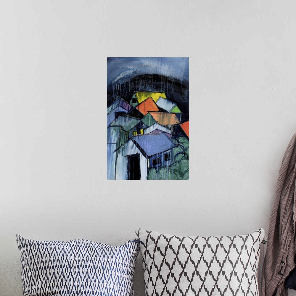 A bohemian room featuring A contemporary abstract painting of a cluster of houses with colorful roofs under a dark blue dri...