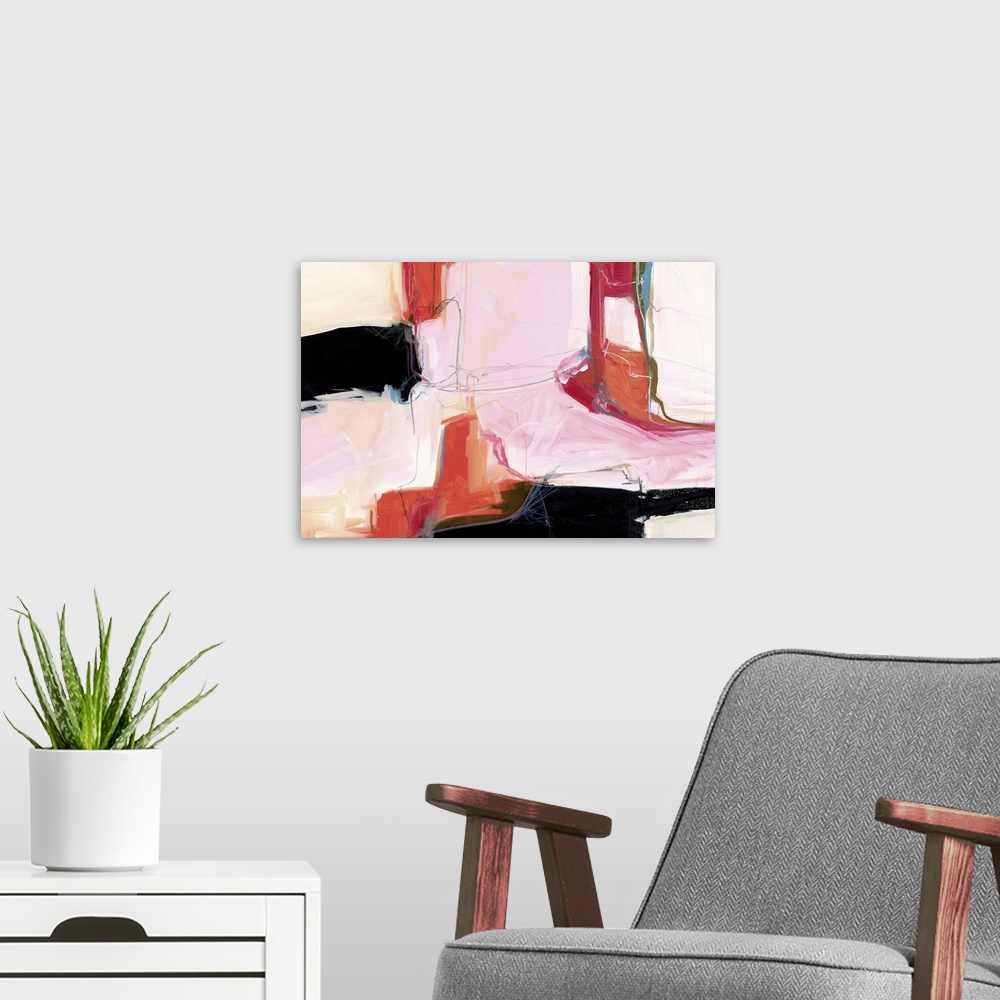 A modern room featuring A contemporary abstract painting using tones of pink red and black in globular forms.