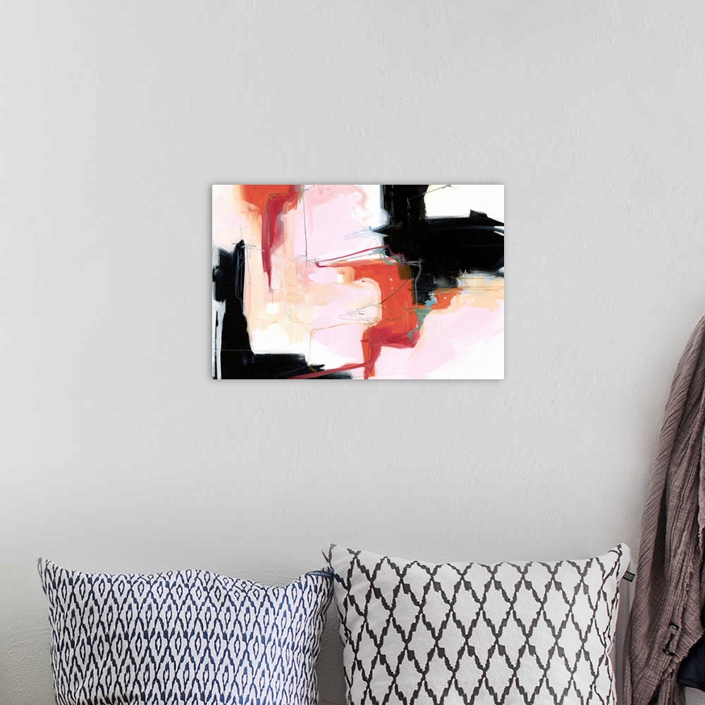 A bohemian room featuring A contemporary abstract painting using tones of pink red and black in globular forms.