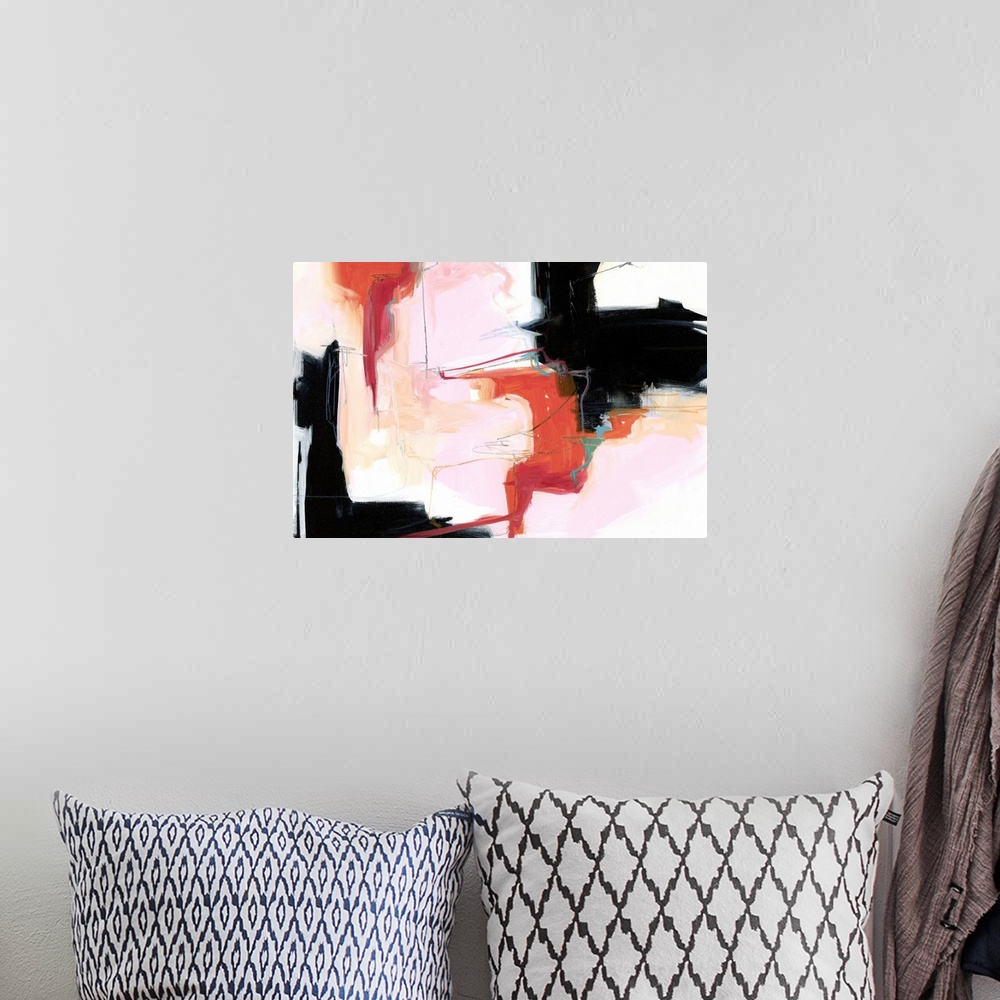 A bohemian room featuring A contemporary abstract painting using tones of pink red and black in globular forms.