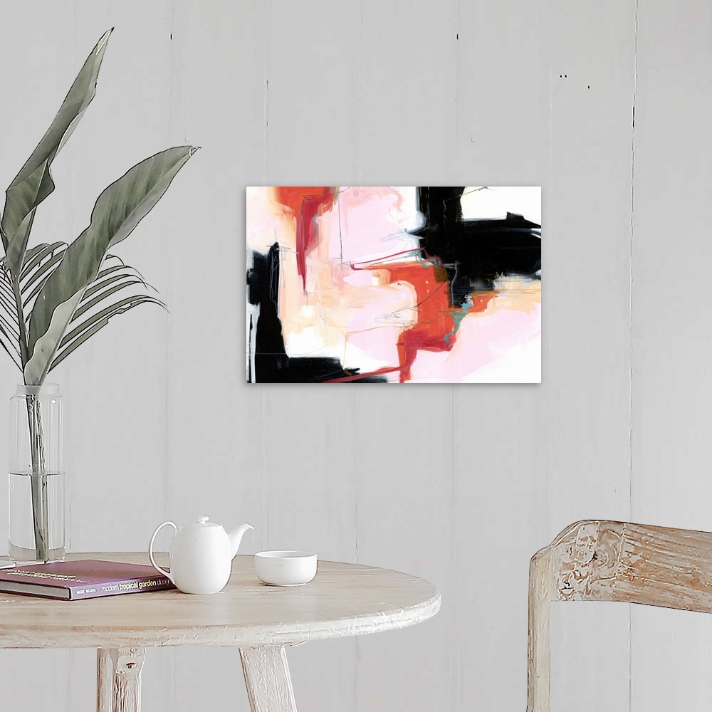 A farmhouse room featuring A contemporary abstract painting using tones of pink red and black in globular forms.