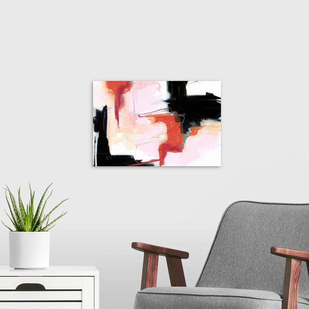 A modern room featuring A contemporary abstract painting using tones of pink red and black in globular forms.