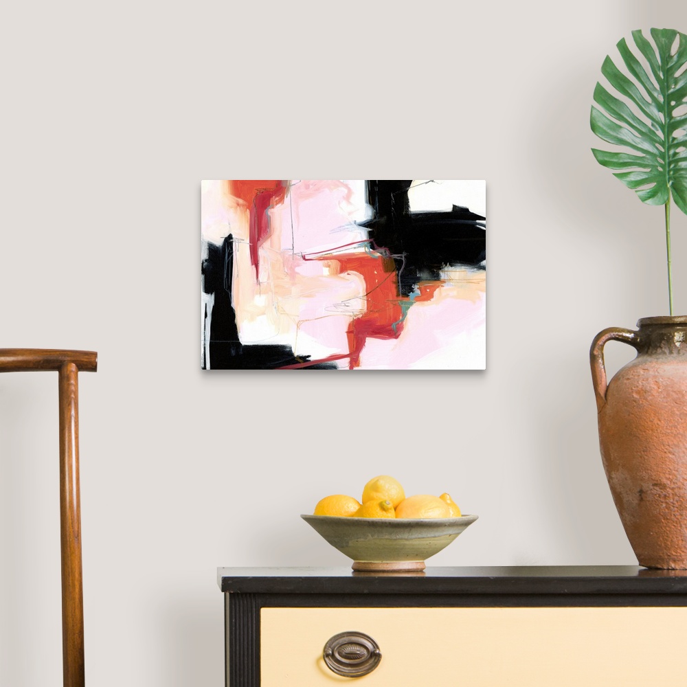 A traditional room featuring A contemporary abstract painting using tones of pink red and black in globular forms.