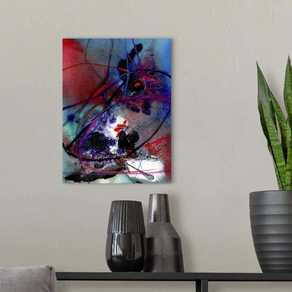 A modern room featuring Contemporary abstract painting with dark blue and black streaks over a red and blue wash.