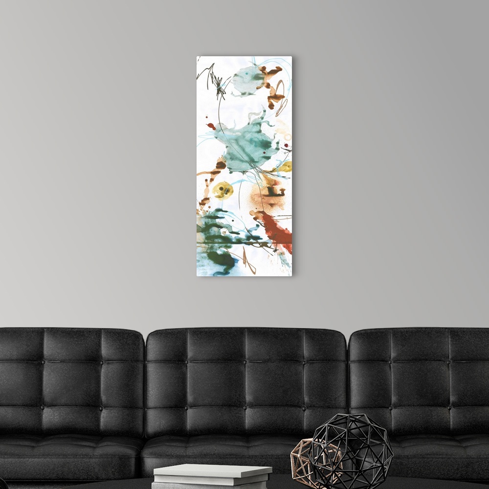 A modern room featuring Large panel abstract painting with splotches of color and thin lines on top throughout.
