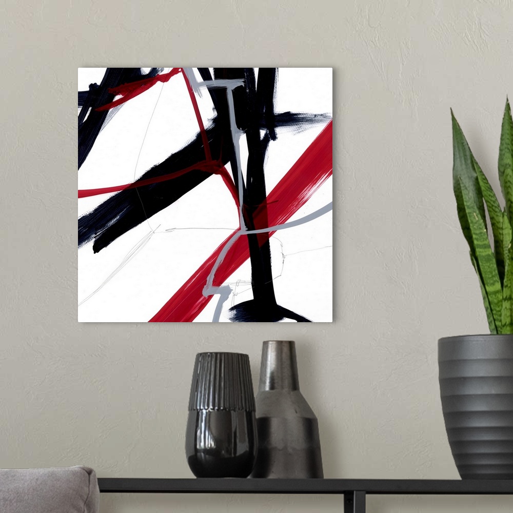 A modern room featuring A contemporary abstract painting of bold slashes of red and black paint strokes against a white b...