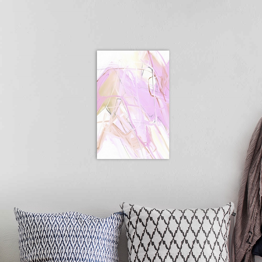 A bohemian room featuring Contemporary abstract artwork in pastel shades of pink and yellow.