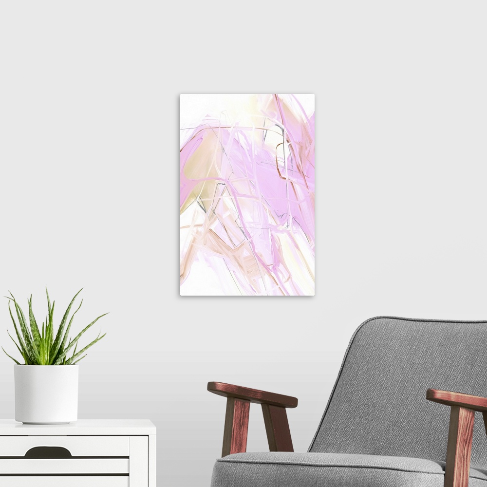A modern room featuring Contemporary abstract artwork in pastel shades of pink and yellow.