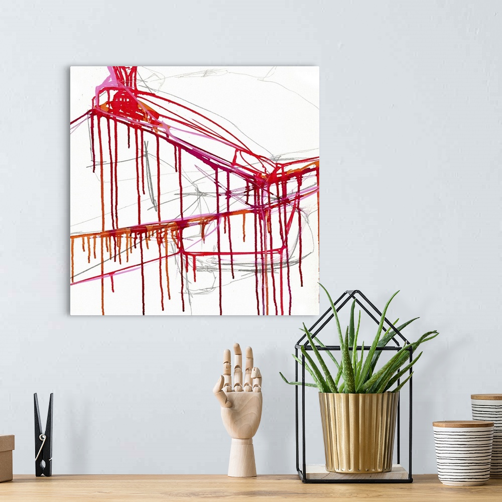A bohemian room featuring Contemporary abstract artwork with streaks of dripping red paint over white.