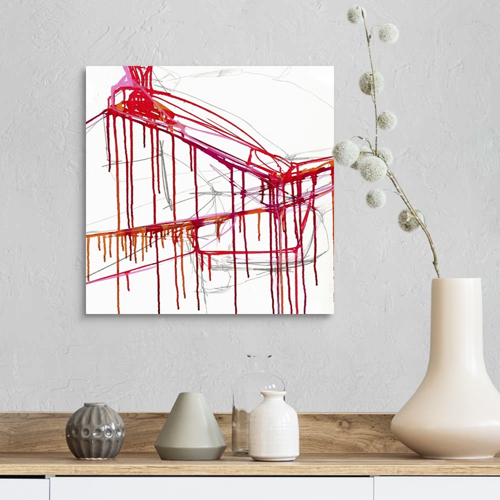A farmhouse room featuring Contemporary abstract artwork with streaks of dripping red paint over white.