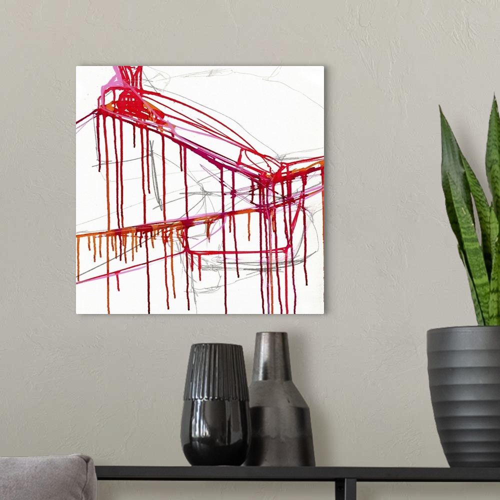 A modern room featuring Contemporary abstract artwork with streaks of dripping red paint over white.