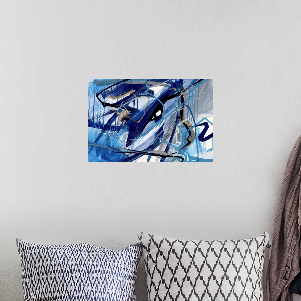 A bohemian room featuring A contemporary abstract painting of a web made up of blue tones.