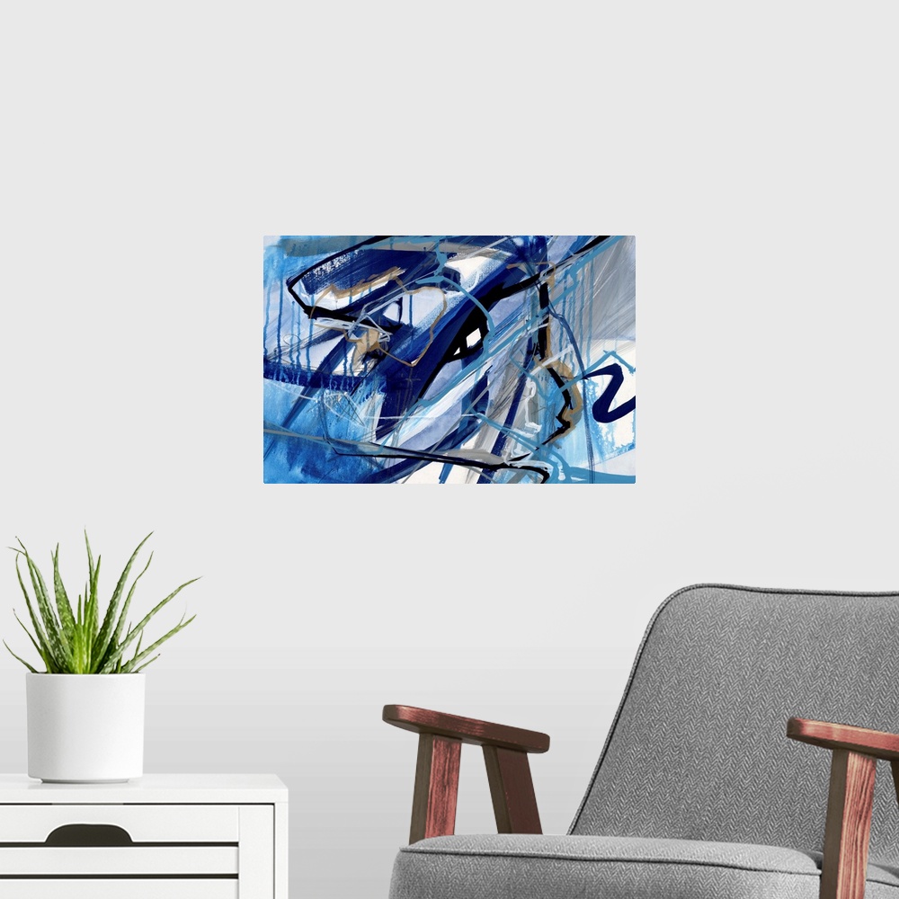 A modern room featuring A contemporary abstract painting of a web made up of blue tones.