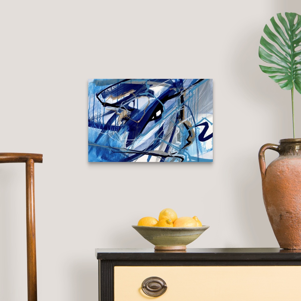 A traditional room featuring A contemporary abstract painting of a web made up of blue tones.