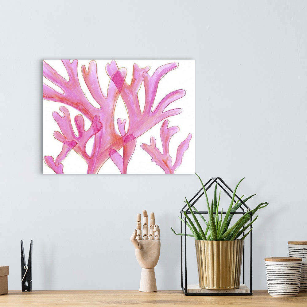A bohemian room featuring Contemporary artwork of light pink sea kelp with a translucent effect.