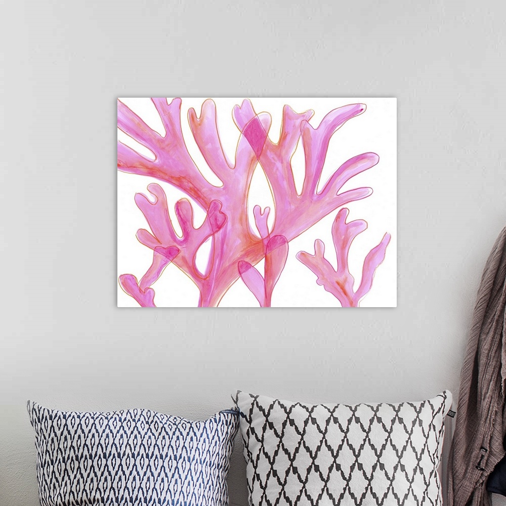 A bohemian room featuring Contemporary artwork of light pink sea kelp with a translucent effect.