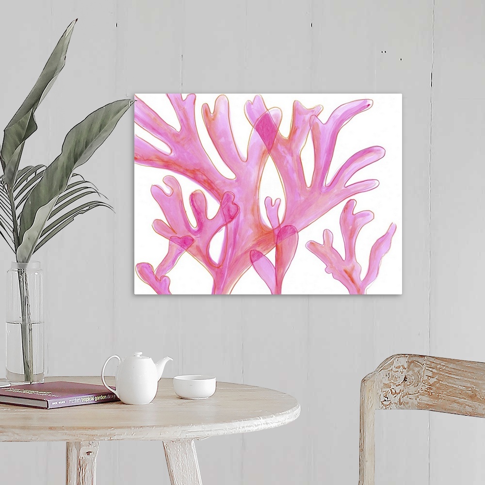 A farmhouse room featuring Contemporary artwork of light pink sea kelp with a translucent effect.