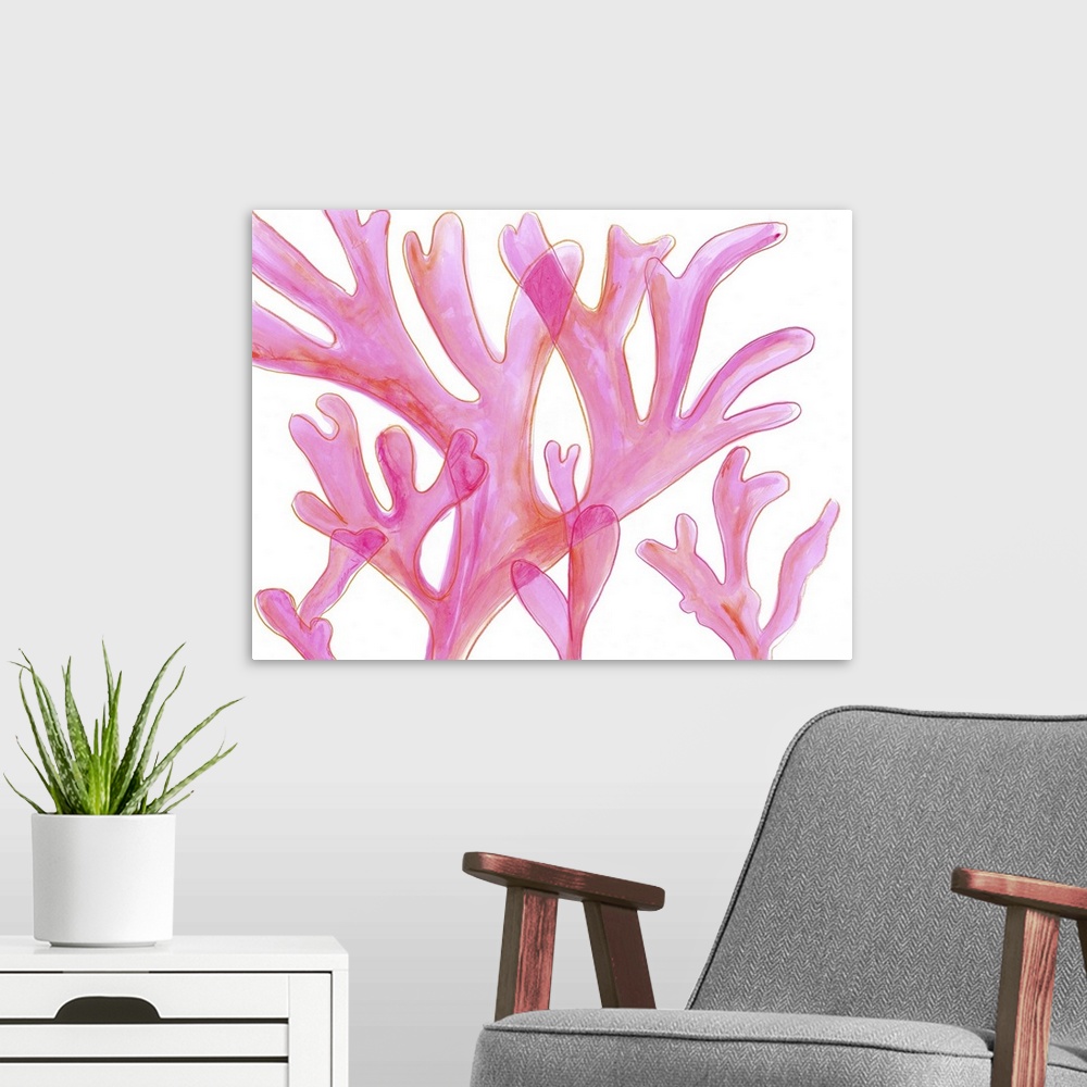 A modern room featuring Contemporary artwork of light pink sea kelp with a translucent effect.