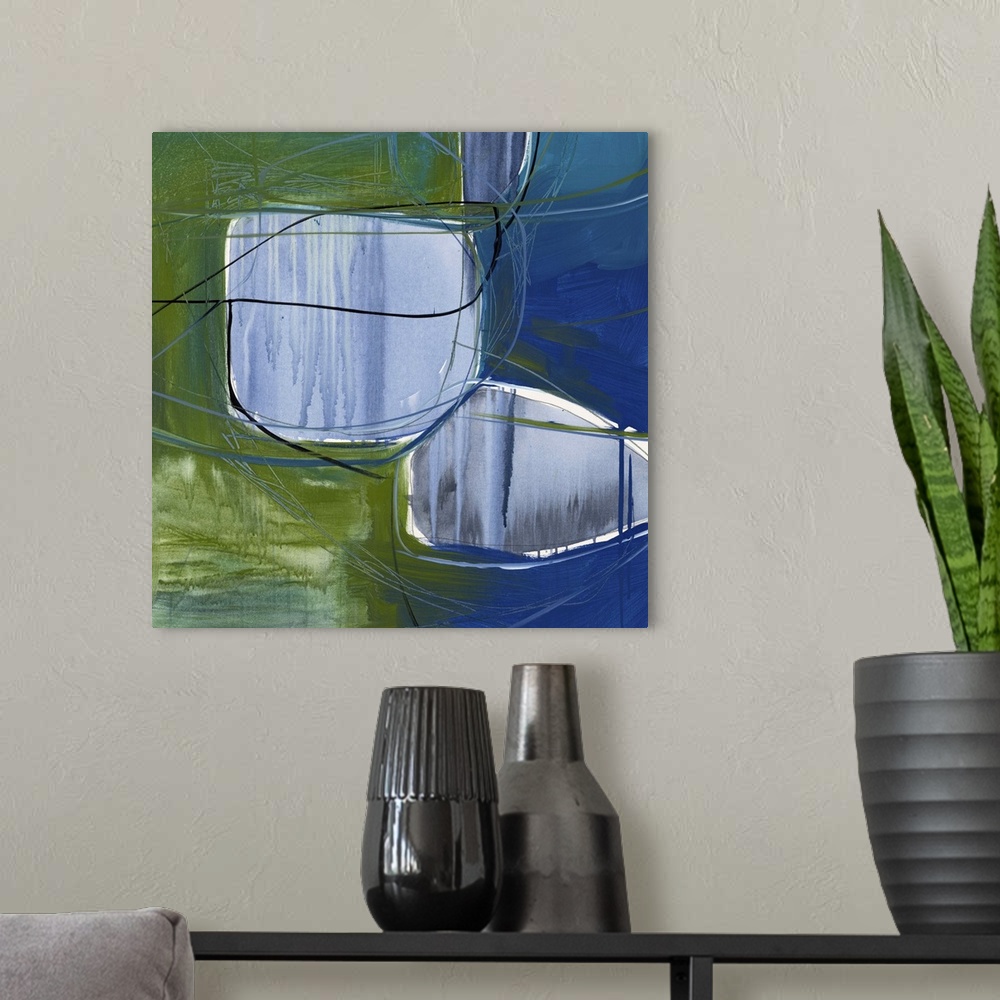 A modern room featuring A contemporary abstract painting using pale and dark blue tones with green.