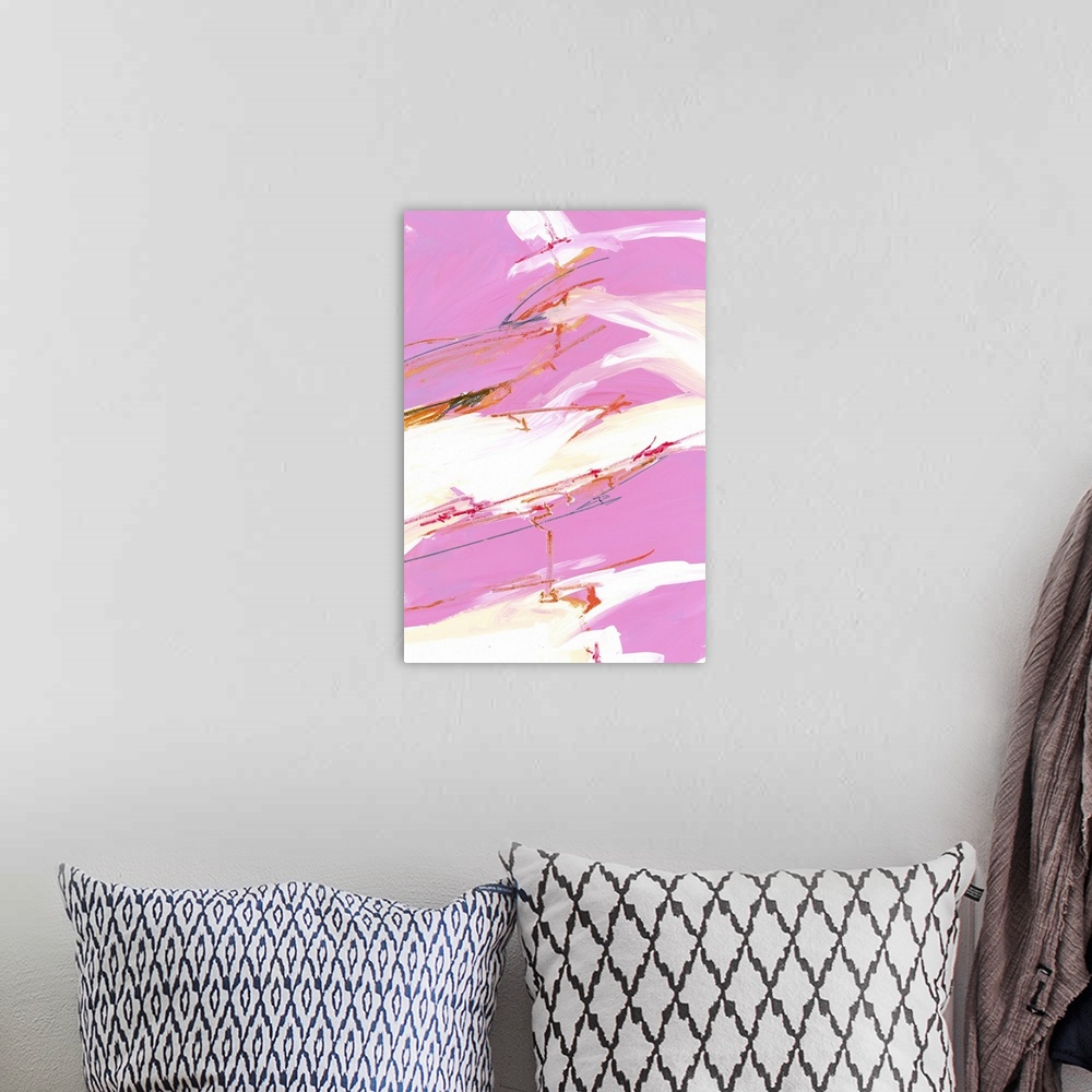 A bohemian room featuring Contemporary abstract painting in vibrant pink and white tones.