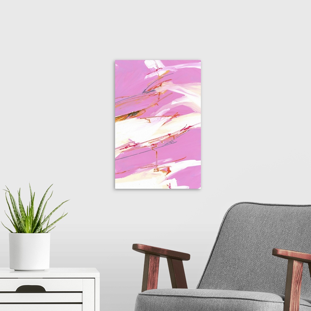 A modern room featuring Contemporary abstract painting in vibrant pink and white tones.