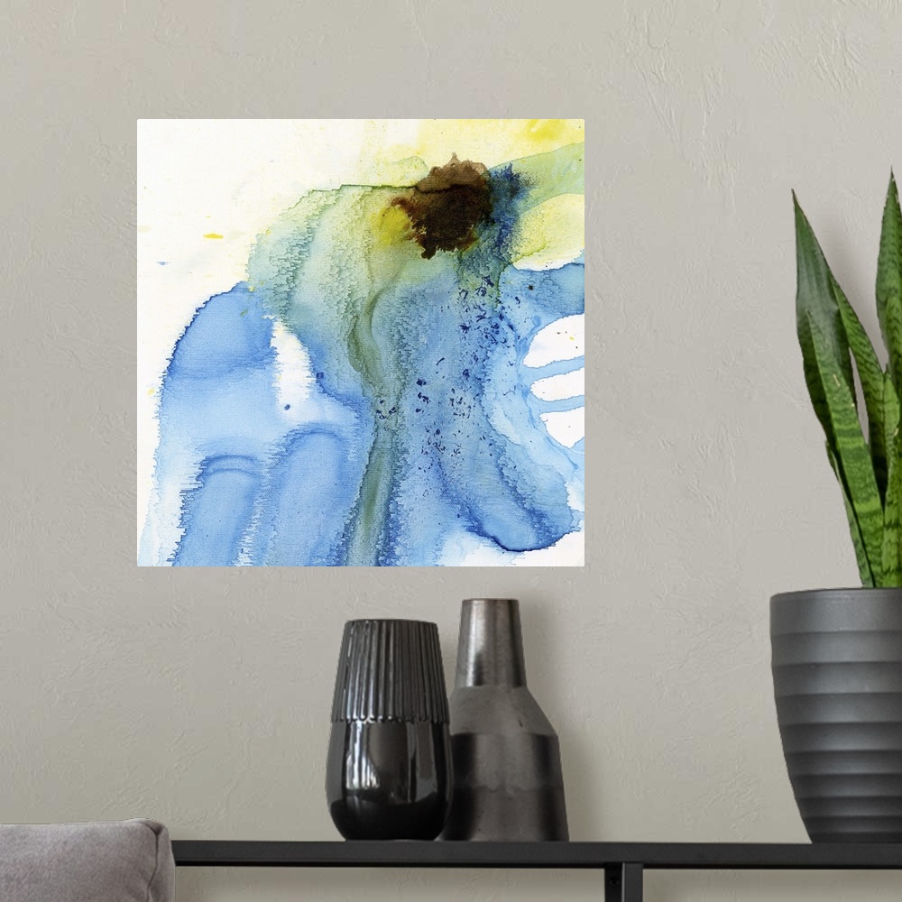 A modern room featuring A contemporary abstract watercolor painting using a light blue wash with a splash of bright yello...