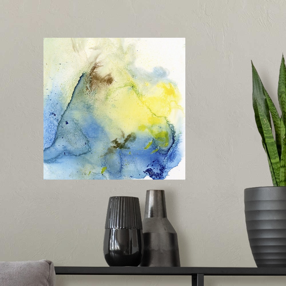 A modern room featuring A contemporary abstract watercolor painting using a light blue wash with a splash of bright yello...