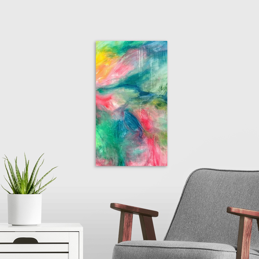 A modern room featuring Large abstract painting with soft but bright tones of pink, blue, green, and yellow.