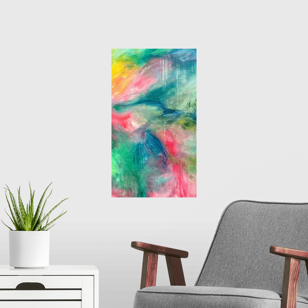 A modern room featuring Large abstract painting with soft but bright tones of pink, blue, green, and yellow.