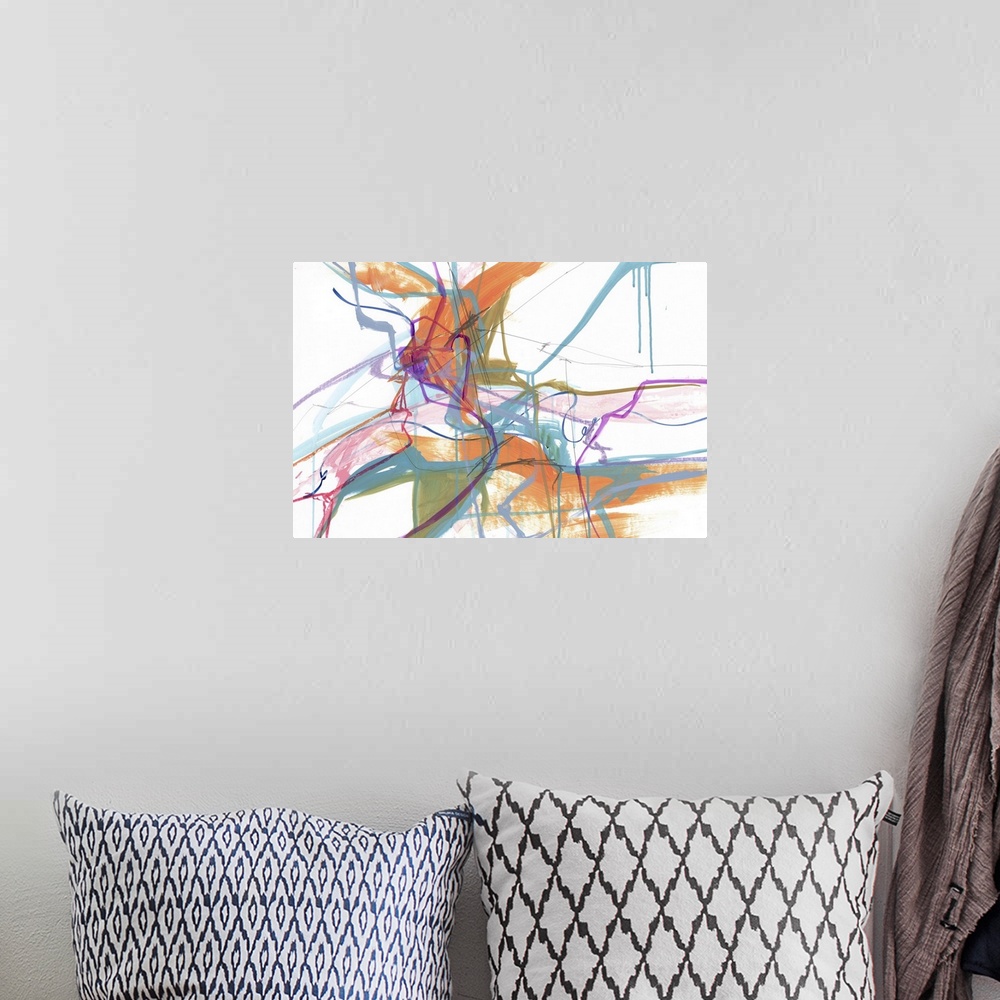 A bohemian room featuring A contemporary abstract painting using a variety of colors with orange being the strongest one in...