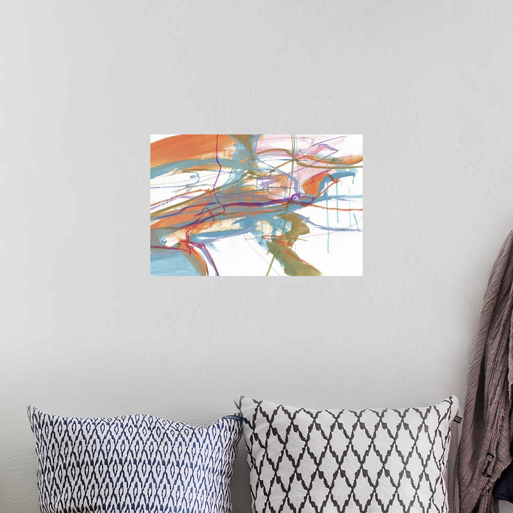 A bohemian room featuring A contemporary abstract painting using a variety of colors with orange being the strongest one in...