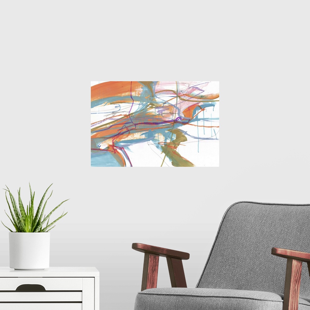 A modern room featuring A contemporary abstract painting using a variety of colors with orange being the strongest one in...